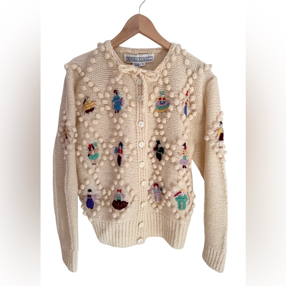 Rare Vintage Norma Kamali Wool Folk Dolls Popcorn Cardigan